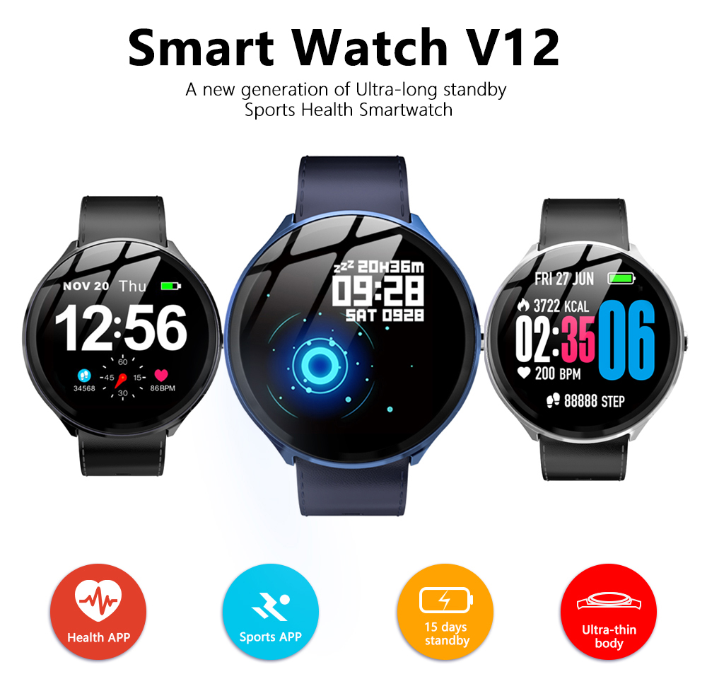 Kospet V12W  Heart Rate / Blood Oxygen Monitoring / Breathing Light / Tempered Glass Leather Smart Watch