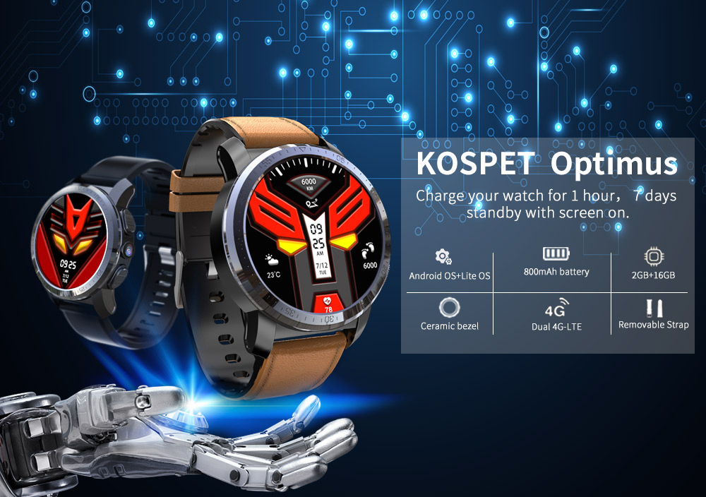 Kospet Dual System / Android 7.1.1 System / Sports Management / 8.0MP Camera / 2GB RAM / 16GB ROM Smart Watch - Black